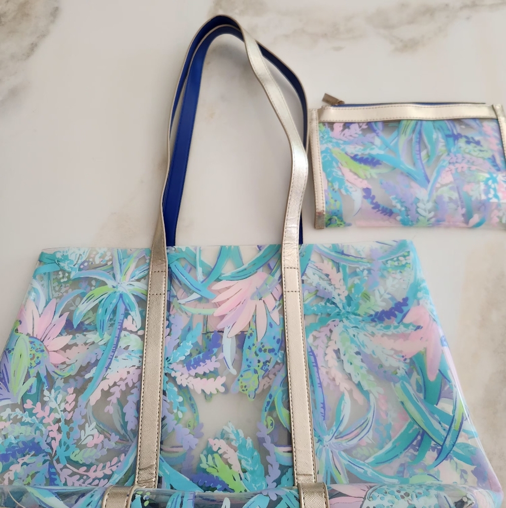 Lilly Pulitzer Pool Tote Beach Bag..Sweet Escape clear W/ Extra Valuables Pouch - Picture 2 of 10